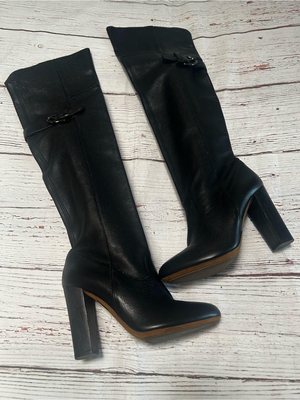Moschino CheapandChic Black Over-the-Knee Leather Boots with gunmetal Buckle